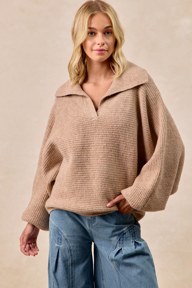 Non Binding Waist Sustainable Fabric IT4523S-01 | SOLID HACCI SWEATER COLLARED TOP