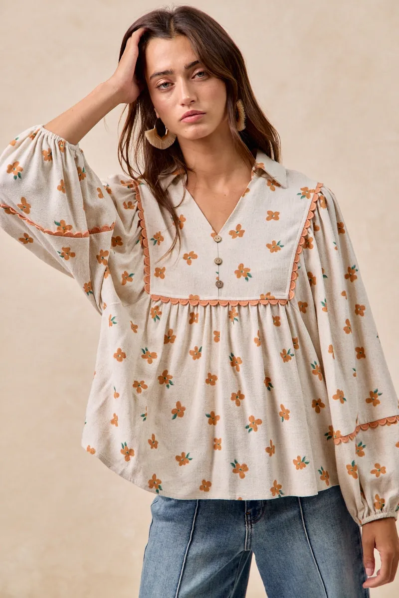 Smooth Fabric Wrinklefree IT4532S-01 | FLORAL PRINTED LINEN COLLARED TOP WITH RIC RAC TRIM DETAIL