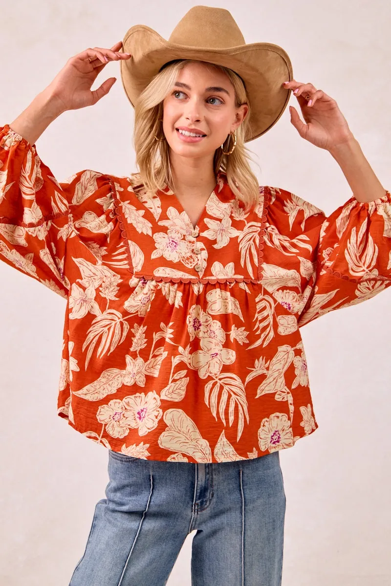 Multi Purpose Layer Minimal Aesthetic IT4532S-02 | FLOWER PRINTED WOVEN TOP WITH SCALLOP TRIM DETAIL BALLOON SLEEVES