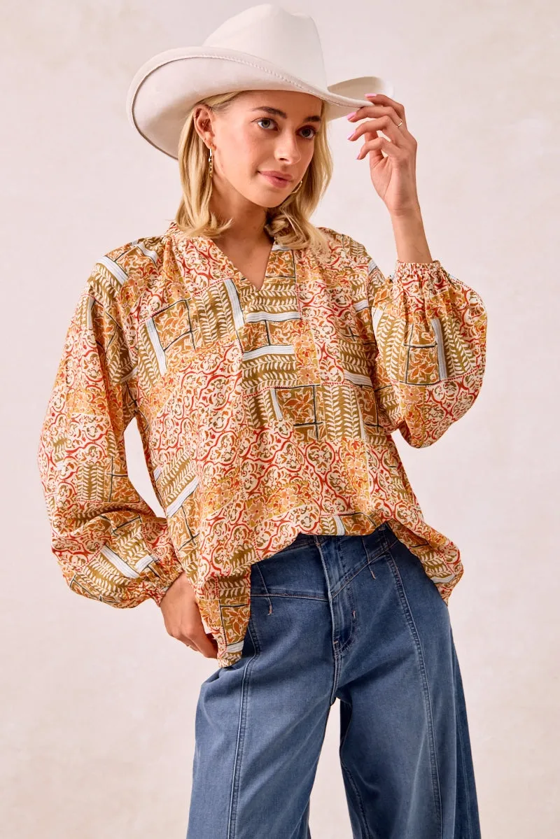 Mid Length Design All Occasion IT4533S-02 | PRINTED WOVEN V NECK BLOUSE WITH BALLOON SLEEVES