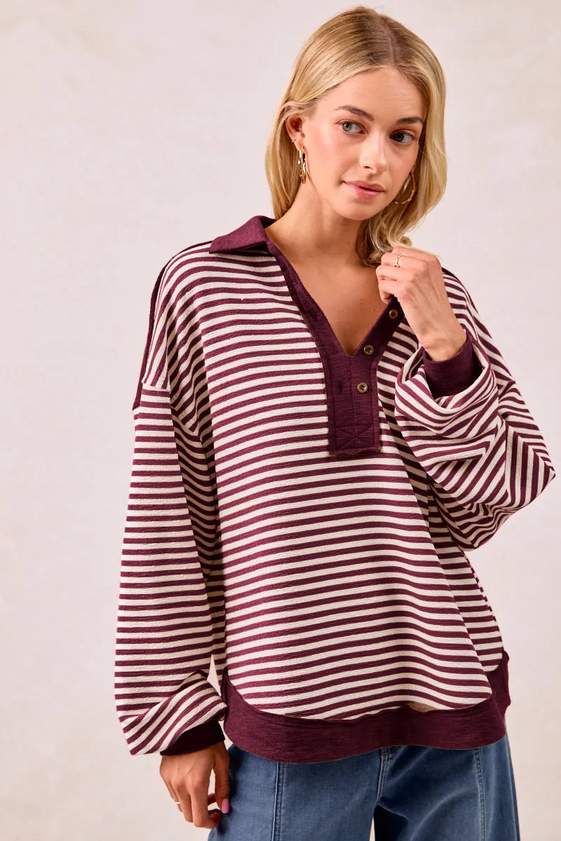 FlexibleRibbedTrims IT4543S-01 | SLUB KNIT AND STRIPES MIX AND MATCH COLLARED TOP