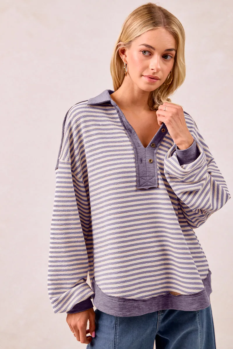 IT4543S-01 | SLUB KNIT AND STRIPES MIX AND MATCH COLLARED TOP ExtendedSizeRange