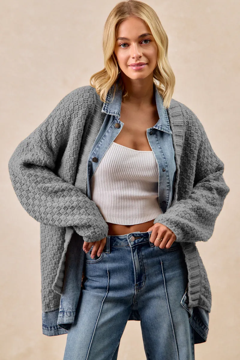 IT4546G-01 | WASHED DENIM MIX AND MATCH SWEATER CARDIGAN Softened Hem NoBuckleDesign
