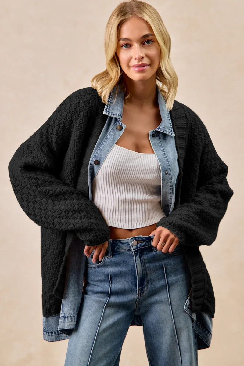 AdjustableCuffs IT4546G-01 | WASHED DENIM MIX AND MATCH SWEATER CARDIGAN