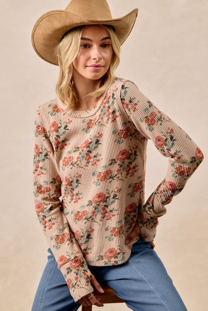 windproof IT4547G-05 | FLORAL PRINT WASHED WAFFLE THERMAL TOP WITH THUMB