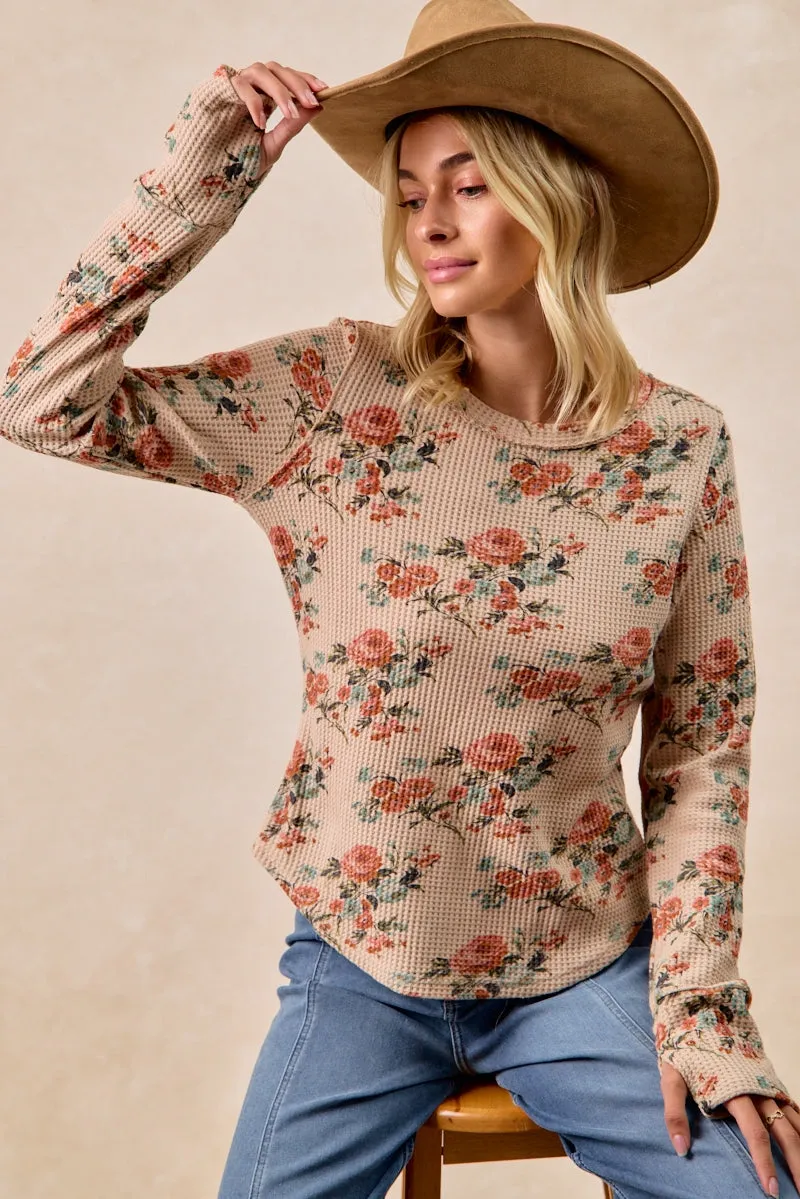 Heat Friendly Travel Friendly IT4547G-05 | FLORAL PRINT WASHED WAFFLE THERMAL TOP WITH THUMB