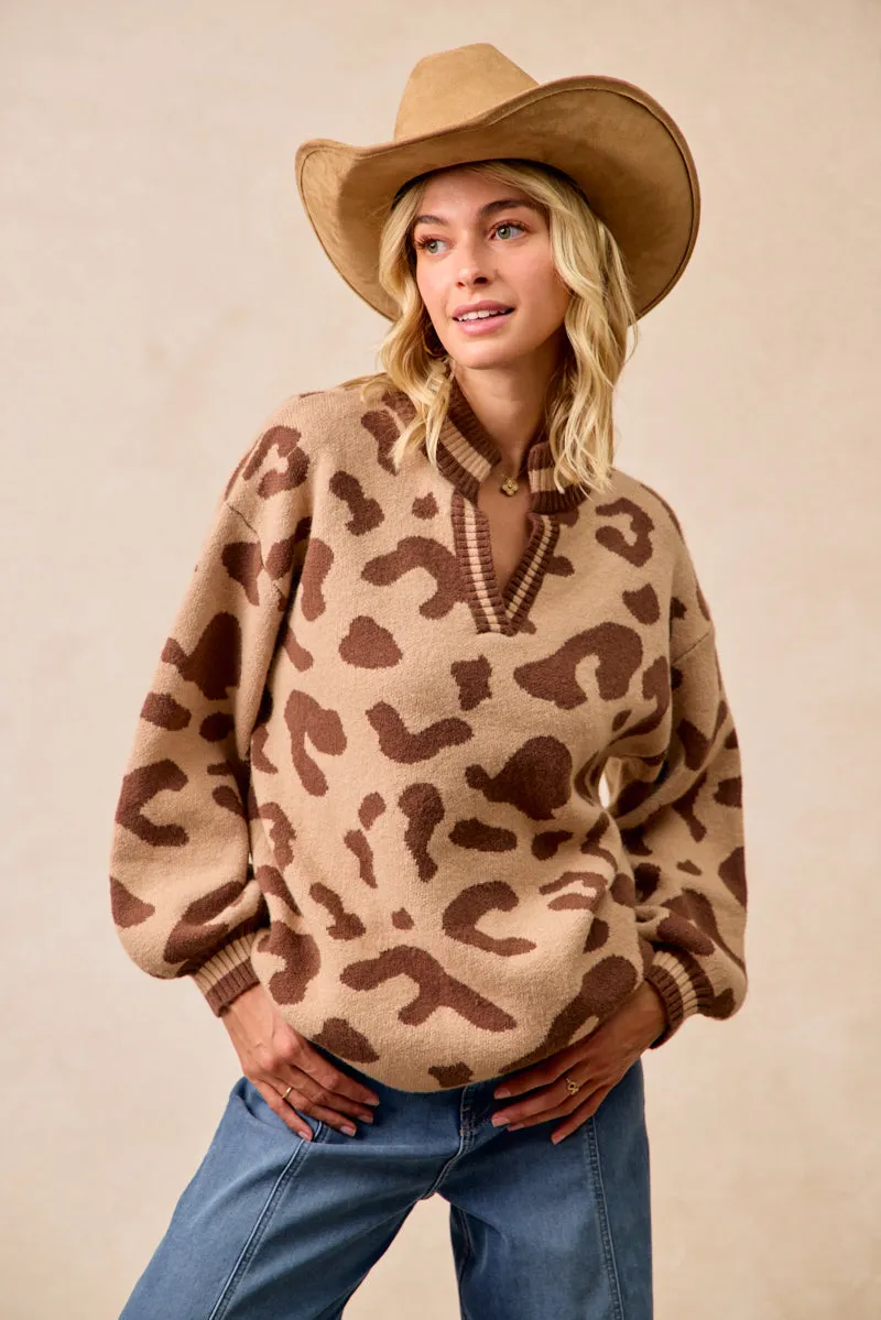 windproof ContouredShoulderFit IT4554S-02 | LEOPARD PRINTED KNIT V NECK BANDED TOP