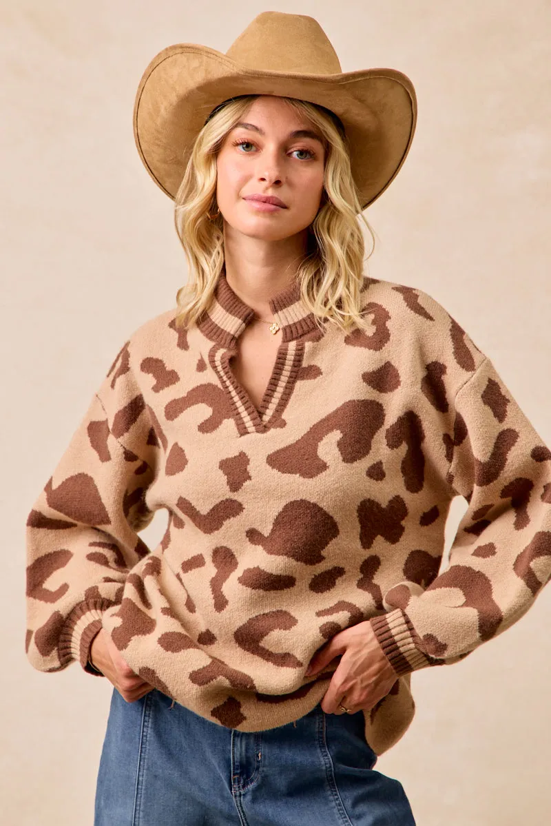 Street Inspired Multi Pocket Design IT4554S-02 | LEOPARD PRINTED KNIT V NECK BANDED TOP