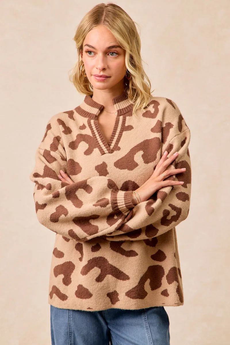 IT4554S-02 | LEOPARD PRINTED KNIT V NECK BANDED TOP Work Comfort SustainableManufacturing