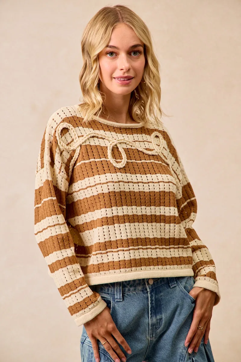 Stain Repellent Coating Back pockets IT4562-01 | STRIPED OPEN KNIT SWEATER TOP