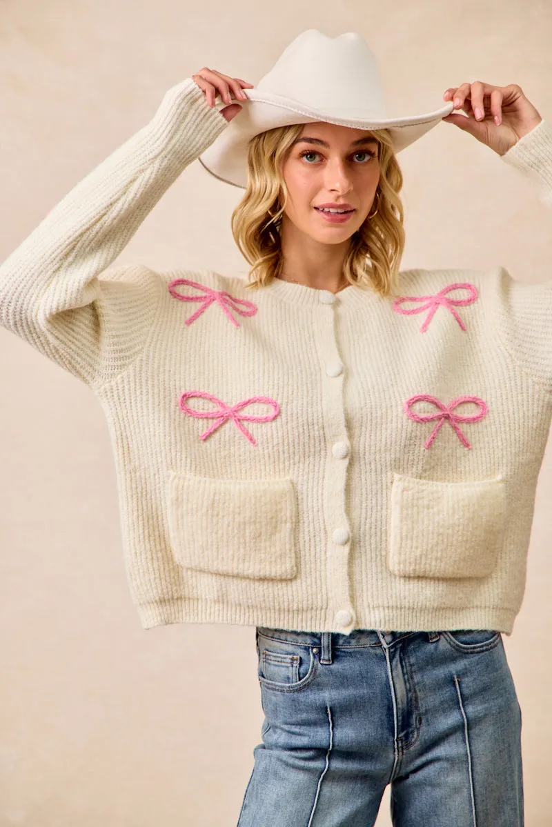 IT4567-01 | RIBBON PATCHED SWEATER CARDIGAN WITH FRONT BUTTON Hypoallergenic Fabric Blend