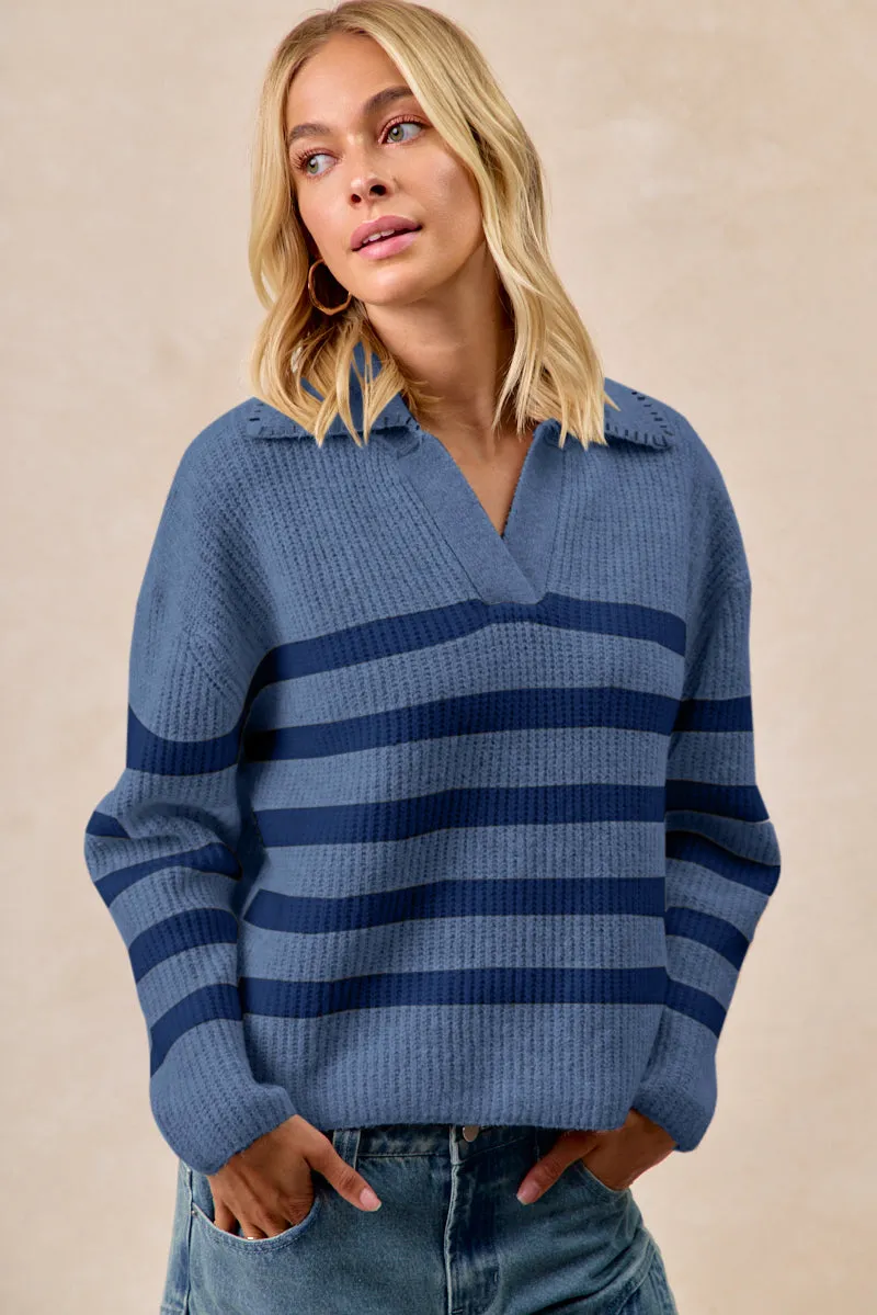 HiddenPockets EcoFriendlyMaterial IT4580-01 | STRIPED SWEATER TOP WITH COLLAR STITCHED DETAILS