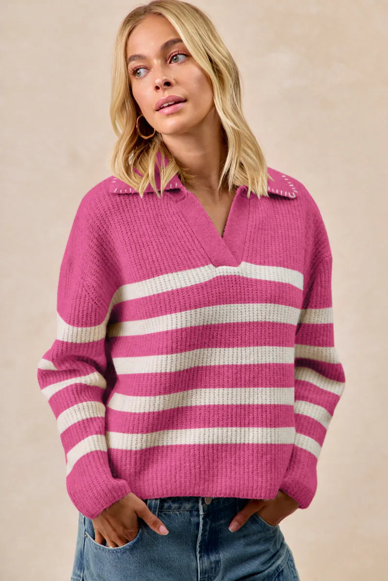 Cotton comfort IT4580-01 | STRIPED SWEATER TOP WITH COLLAR STITCHED DETAILS