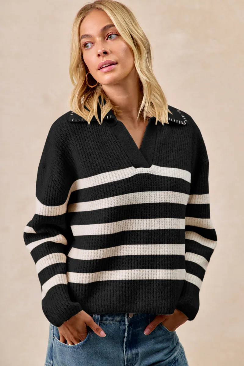Abrasion Resistant Surface IT4580-01 | STRIPED SWEATER TOP WITH COLLAR STITCHED DETAILS