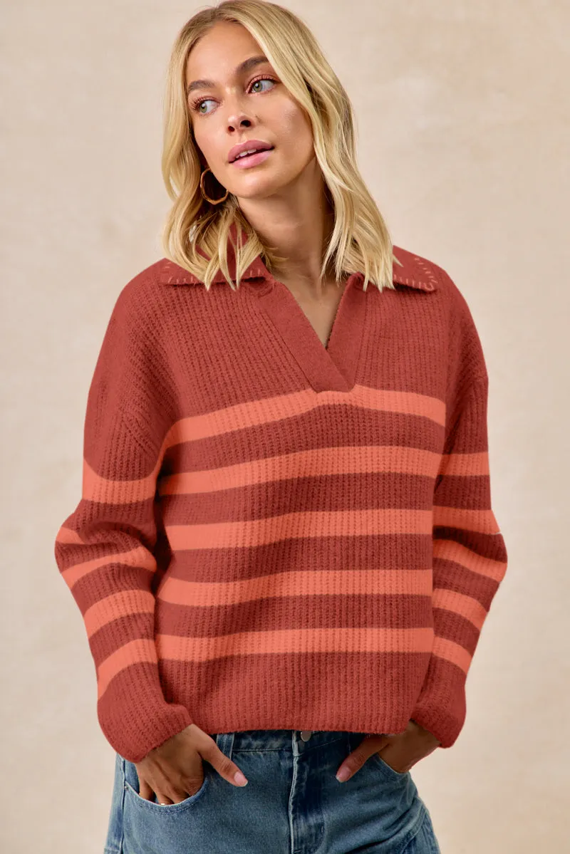 IT4580-01 | STRIPED SWEATER TOP WITH COLLAR STITCHED DETAILS Comfort Fit Refined fit