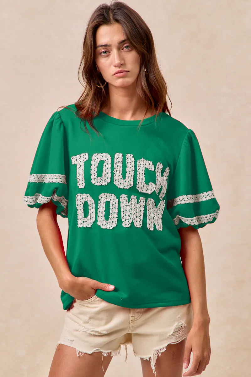 IT4581S-01 | GAMEDAY THEME SLEEVE TOP WITH TOUCH DOWN PATCHWORK ElasticCuffs