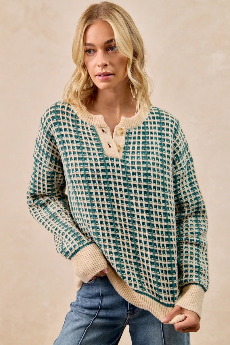 Water Resistant Weather Fit IT4598K-01 | TWO TONE CHECKERED QUARTER BUTTON SWEATER TOP