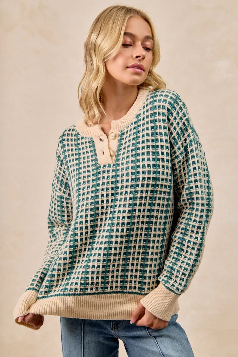 IT4598K-01 | TWO TONE CHECKERED QUARTER BUTTON SWEATER TOP Relaxed Fit Structure