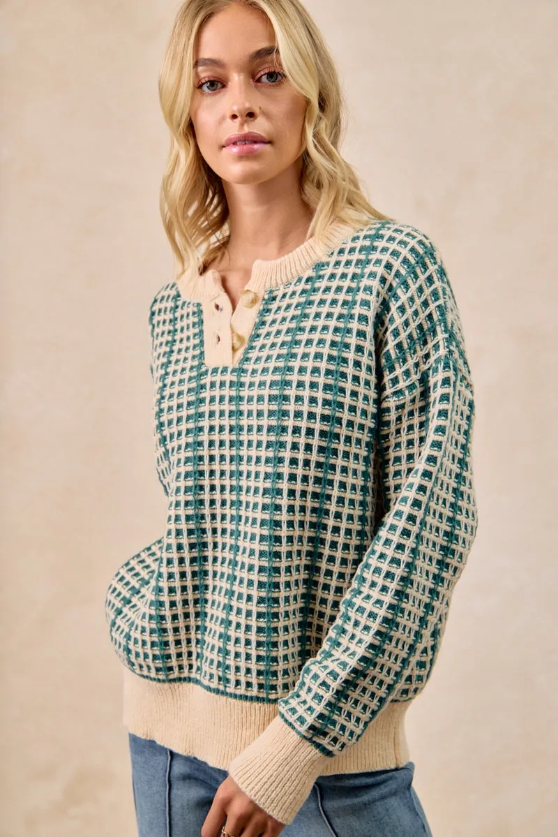 IT4598K-01 | TWO TONE CHECKERED QUARTER BUTTON SWEATER TOP Simple Utility