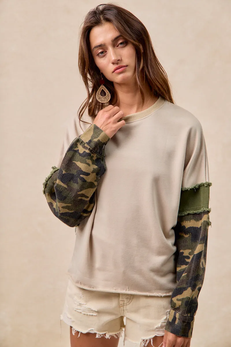 IT4603S-03 | FRENCH TERRY WITH CAMO SLEEVE TOP WITH FRAYED EDGE Chic Comfort Office Appropriate