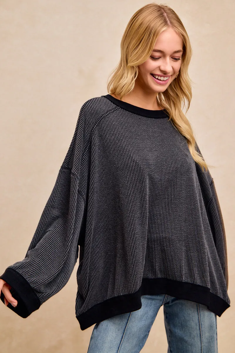 ZeroWasteProduction Non Irritating Seam Finish IT4614S-03 | 2TONE CORD RIB STITCH DETAIL OVERSIZED TOP