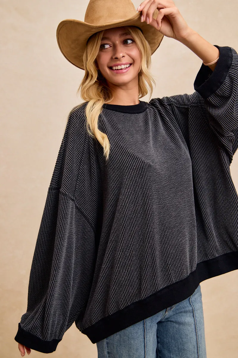 Vintage Hoodie Tencel Lyocell Fiber IT4614S-03 | 2TONE CORD RIB STITCH DETAIL OVERSIZED TOP