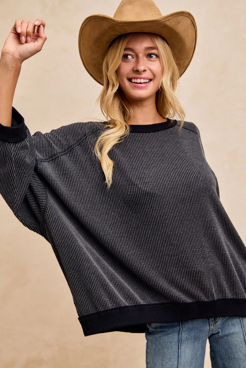 Noise Reducing Fabric ElasticWaistband IT4614S-03 | 2TONE CORD RIB STITCH DETAIL OVERSIZED TOP