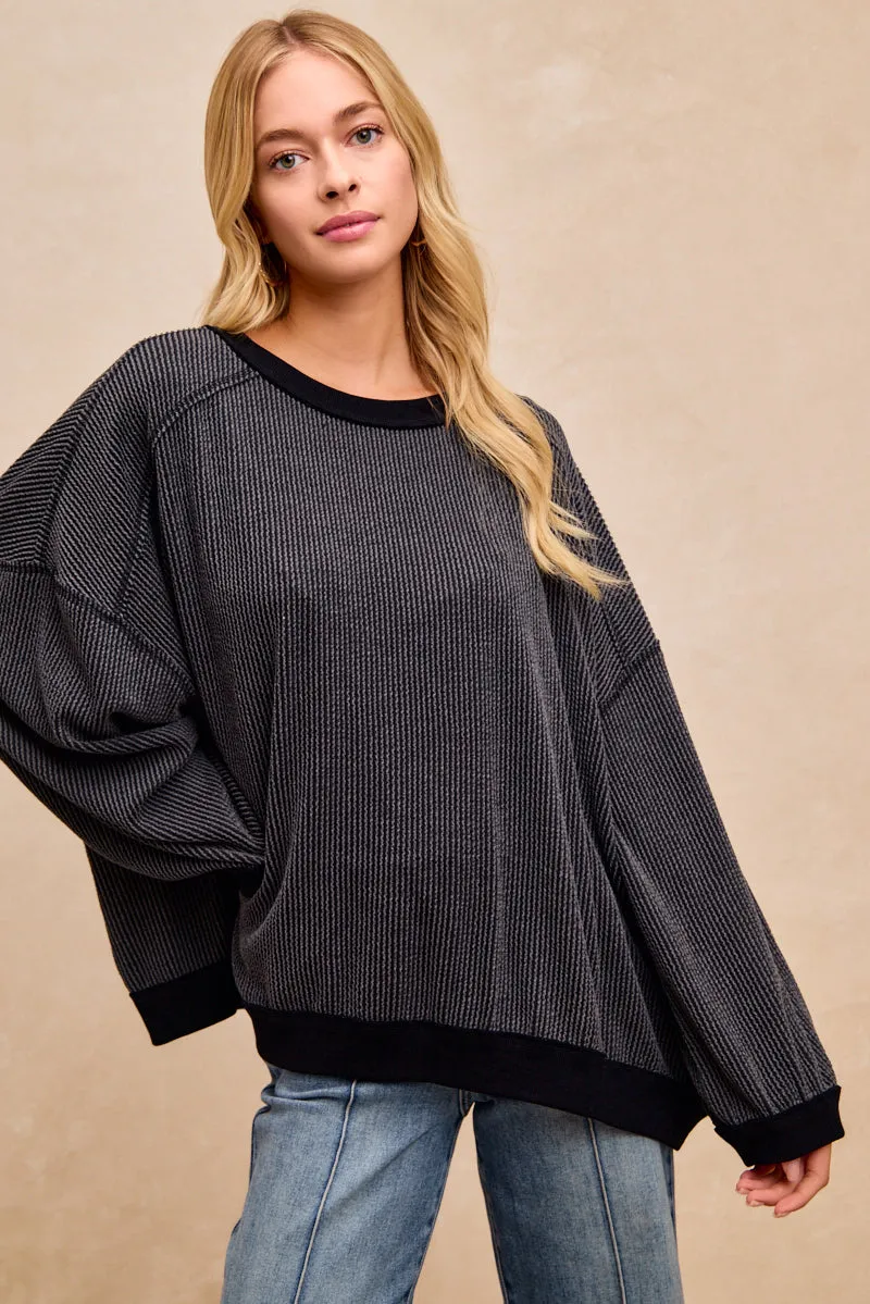 Ripstop Fabric Technology Non Binding Cuffs IT4614S-03 | 2TONE CORD RIB STITCH DETAIL OVERSIZED TOP