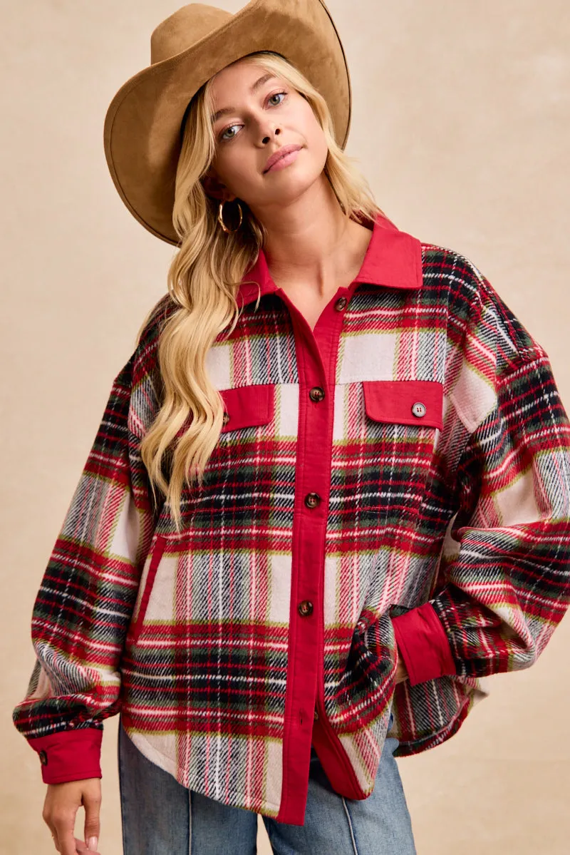 Micro Perforated Panels IT4619S-02 | BRUSHED PLAID OVERSIZED SHACKET WITH SIDE POCKETS