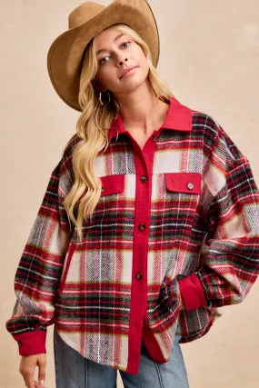 Micro Perforated Panels IT4619S-02 | BRUSHED PLAID OVERSIZED SHACKET WITH SIDE POCKETS