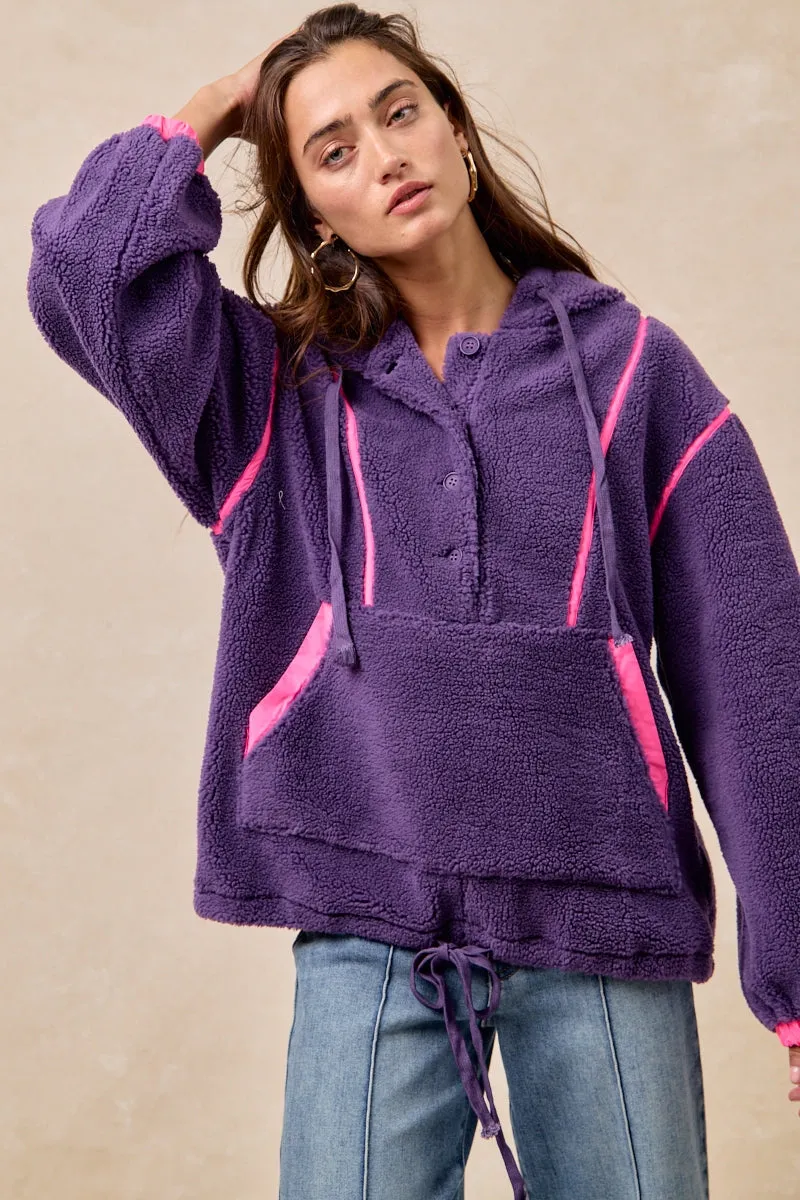 HighRiseWaistband Quick Move IT4624S-04 | SHERPA BUTTONED HOODIE TOP WITH CONTRAST BINDING
