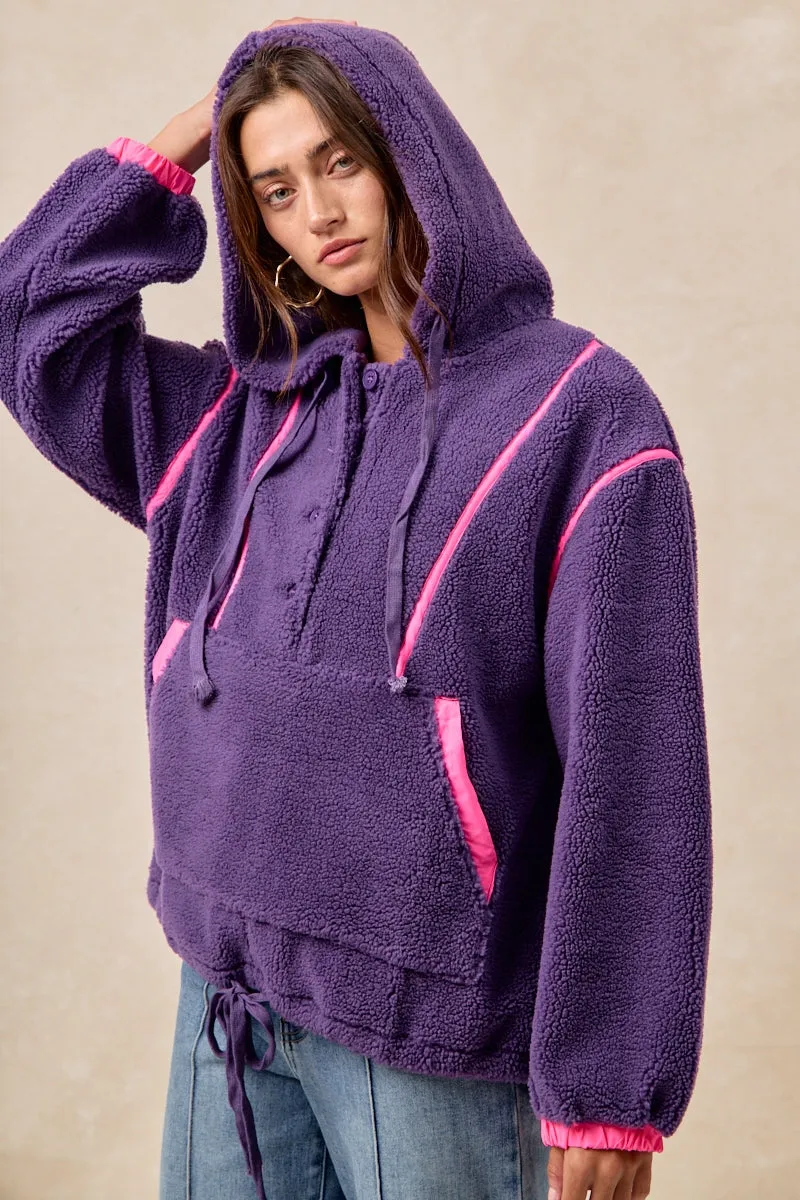 IT4624S-04 | SHERPA BUTTONED HOODIE TOP WITH CONTRAST BINDING All Purpose