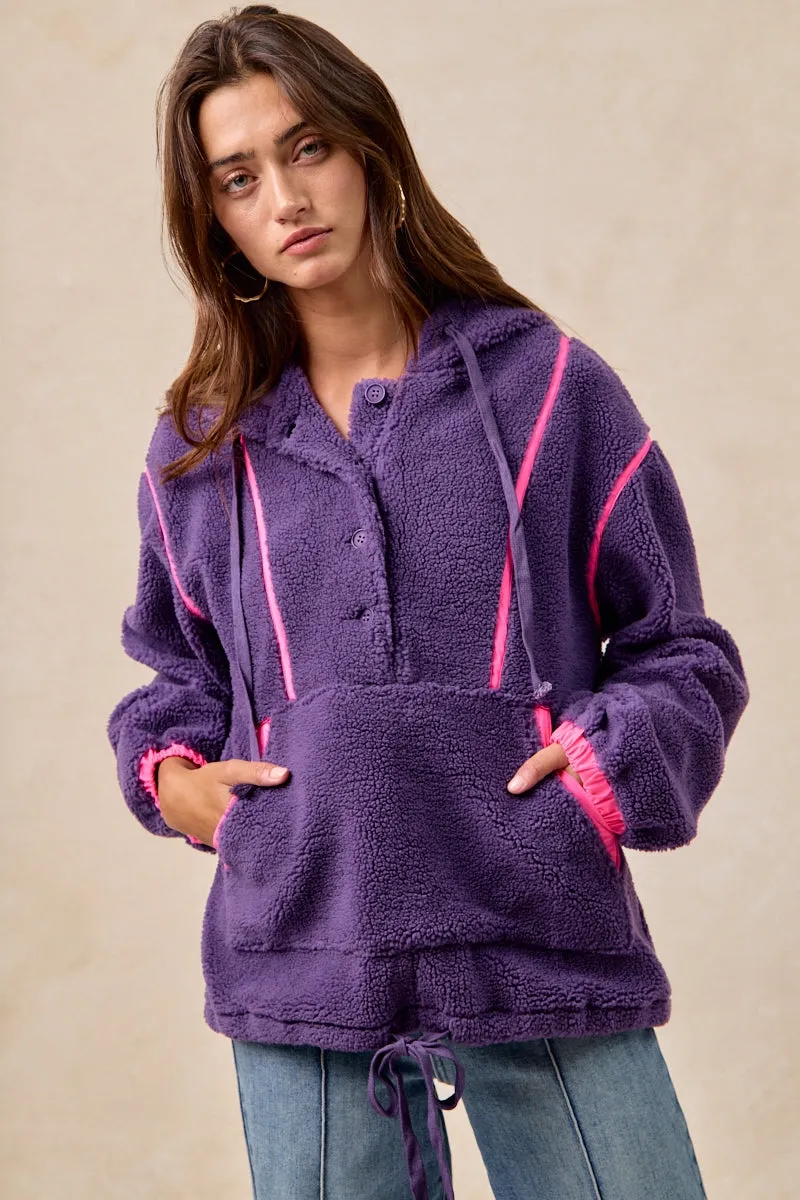IT4624S-04 | SHERPA BUTTONED HOODIE TOP WITH CONTRAST BINDING Cotton comfort