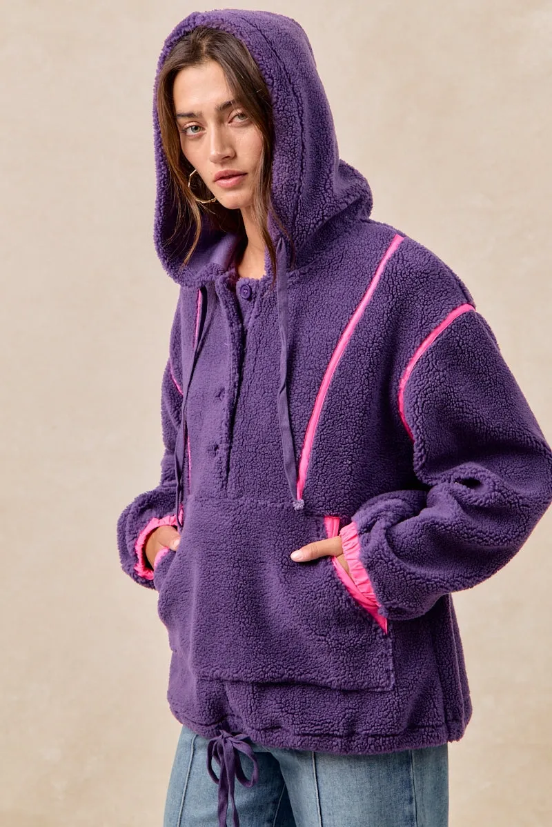 quick dry IT4624S-04 | SHERPA BUTTONED HOODIE TOP WITH CONTRAST BINDING