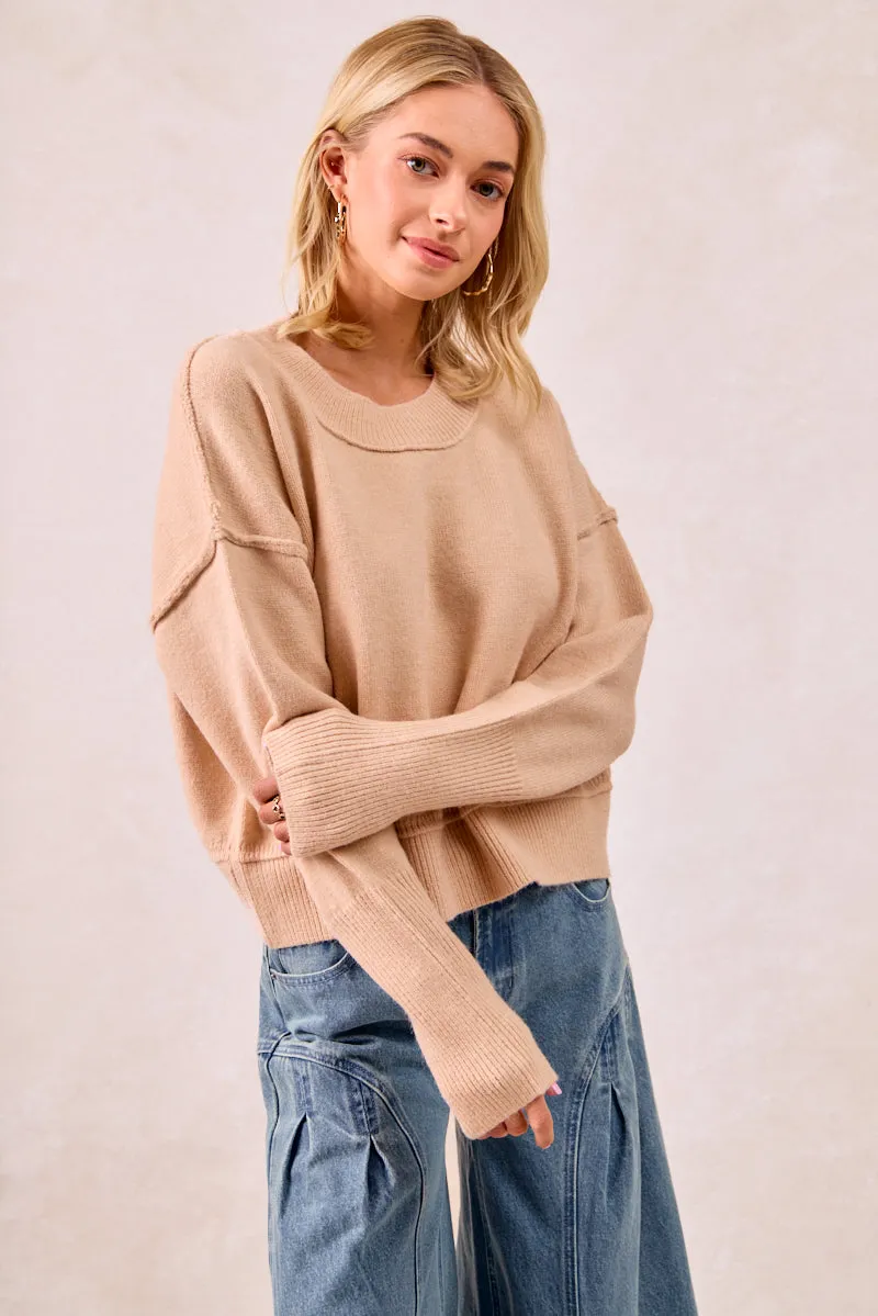 FadeResistantTreatment PermeableCloth IT4642-01 | SOLID KNIT SWEATER TOP WITH LONG SLEEVES