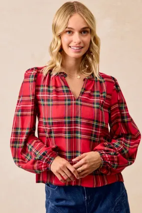 Flex Fit Design IT4648G-01 | CHRISTMAS PLAID BALLOON SLEEVES RUFFLED V-NECK TOP