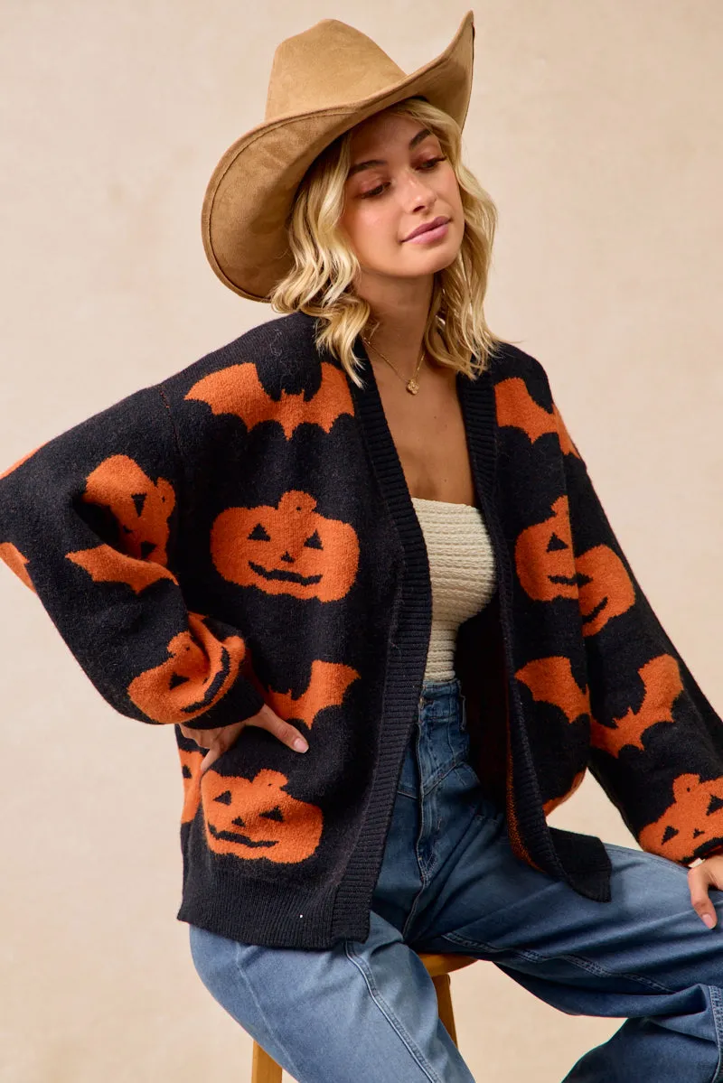 Everyday Layers IT4651H-01 | HALLOWEEN PUMPKIN BAT ARTWORK OPEN FRONT CARDIGAN