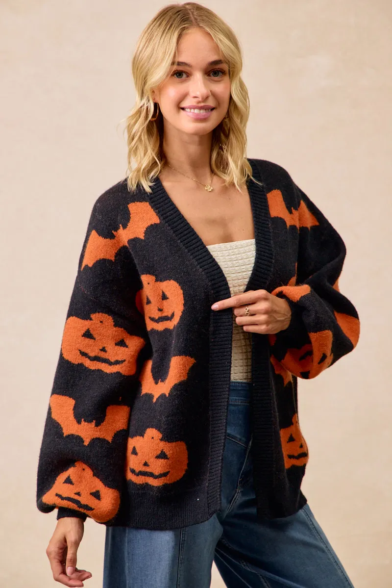 IT4651H-01 | HALLOWEEN PUMPKIN BAT ARTWORK OPEN FRONT CARDIGAN AllDayComfort ExtendedSizeRange