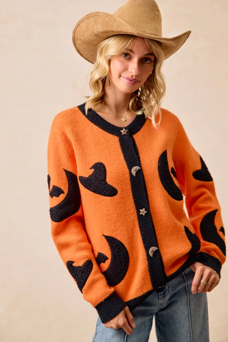 IT4652H-01 | HALLOWEEN WITCH HAT MOON BAT ARTWORK CARDIGAN ExpandableSideGussets FadeResistant Print