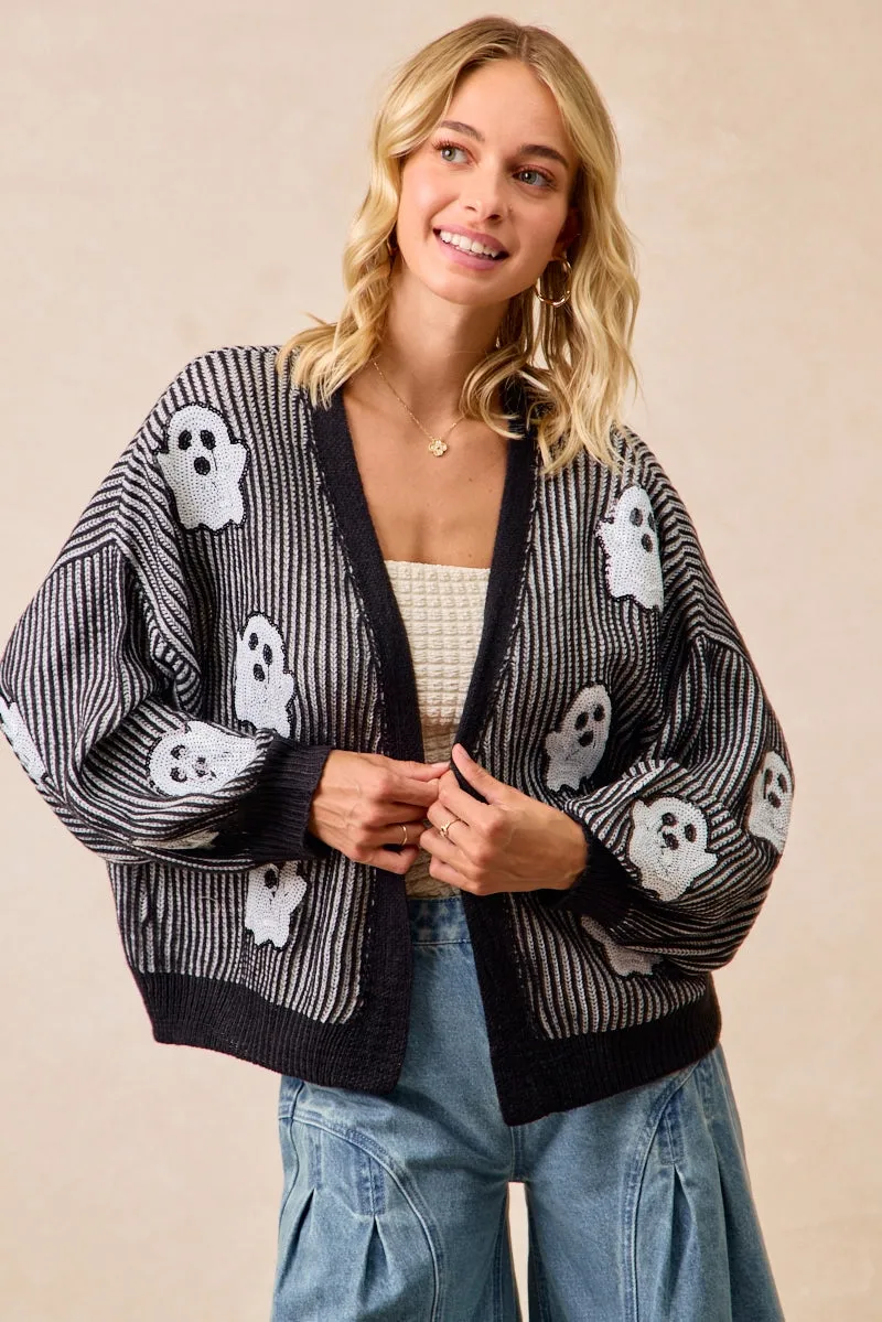 IT4665S-01 | HALLOWEEN THEME KNIT CARDIGAN WITH GHOST SEQUINS Hidden Pocket System clean design