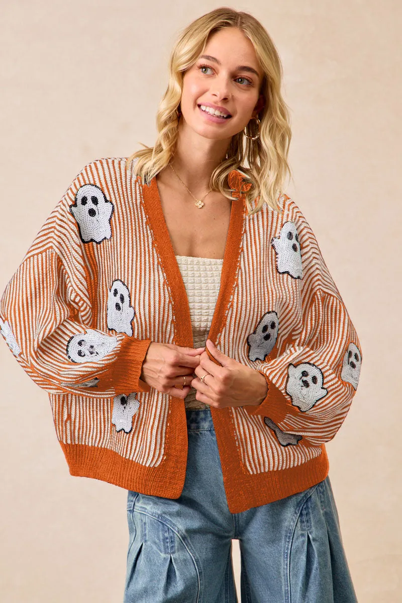 Odor Resistant Treatment IT4665S-01 | HALLOWEEN THEME KNIT CARDIGAN WITH GHOST SEQUINS
