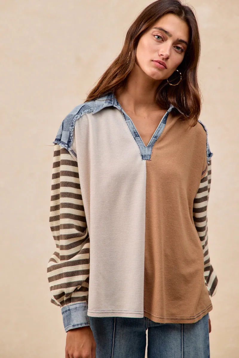 Weekend Wear Adjustable loop IT4673G-01 | CUT EDGE CHECKER DENIM WAFFLE MIX AND MATCH TOP