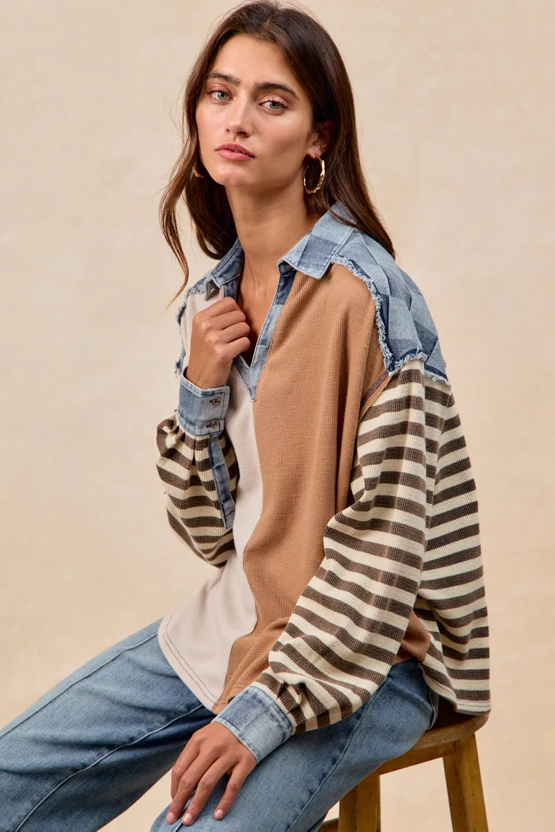 IT4673G-01P | CUT EDGE CHECKER DENIM WAFFLE MIX AND MATCH TOP Go To Wear