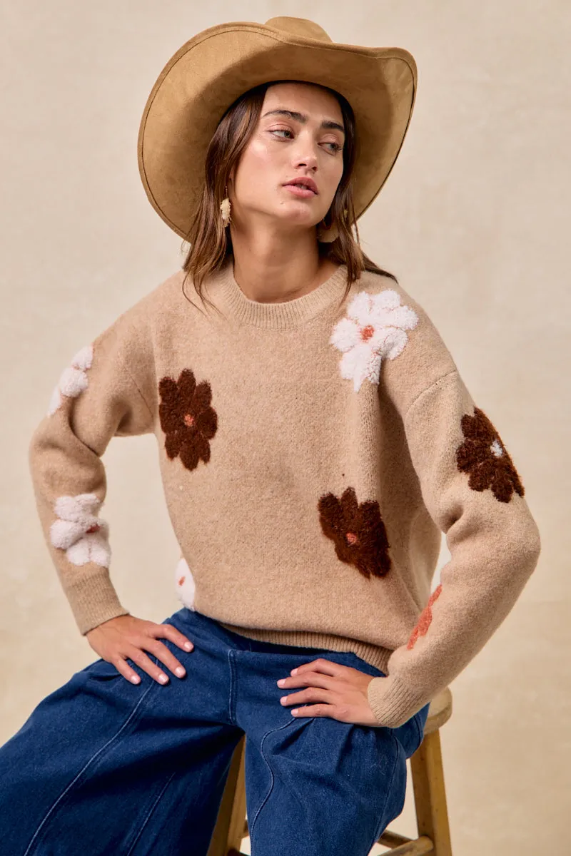 IT4679-01 | FLOWER EMBROIDERED SWEATER WITH LONG SLEEVES PlushLining AntiPillingTechnology