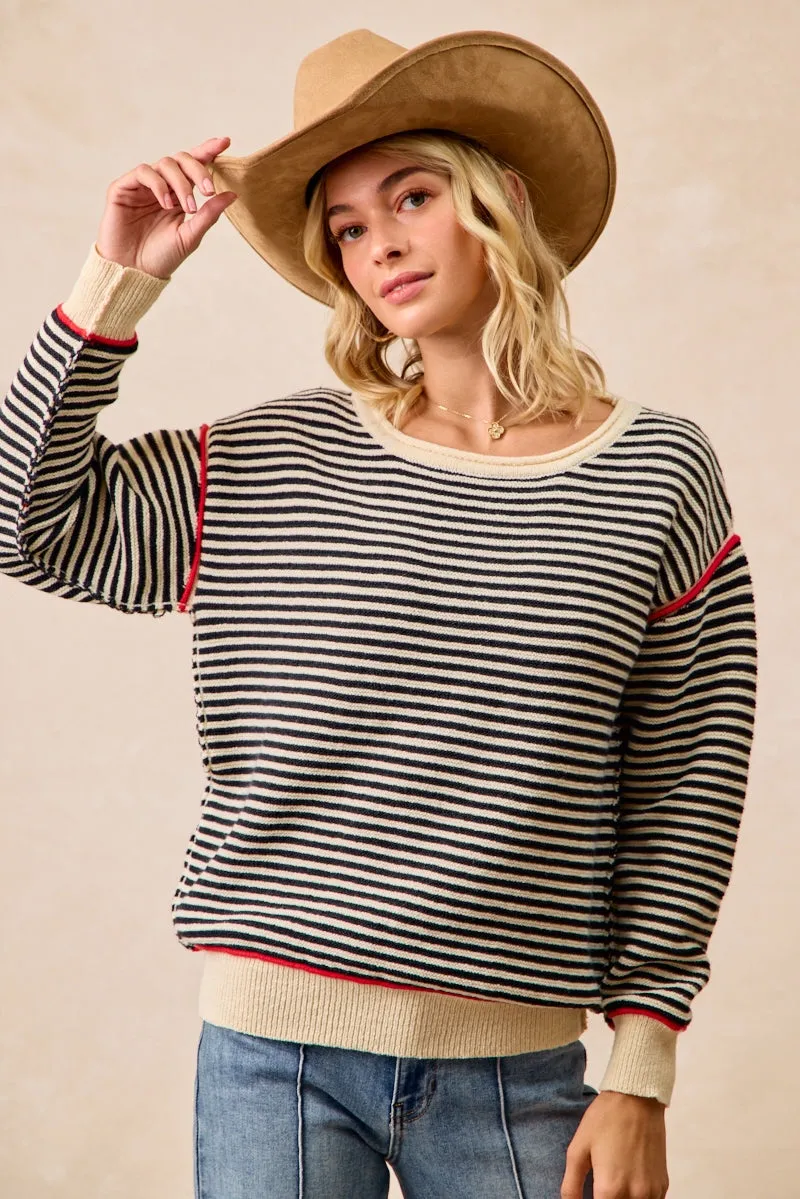LightweightConstruction Durable Twill IT4686S-01 | STRIPE KNIT CONTRAST BINDING TOP