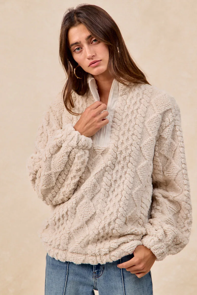 IT4700S-01 | PATTERNED SOFT FLEECE HALF ZIP UP TOP Peplum-Style