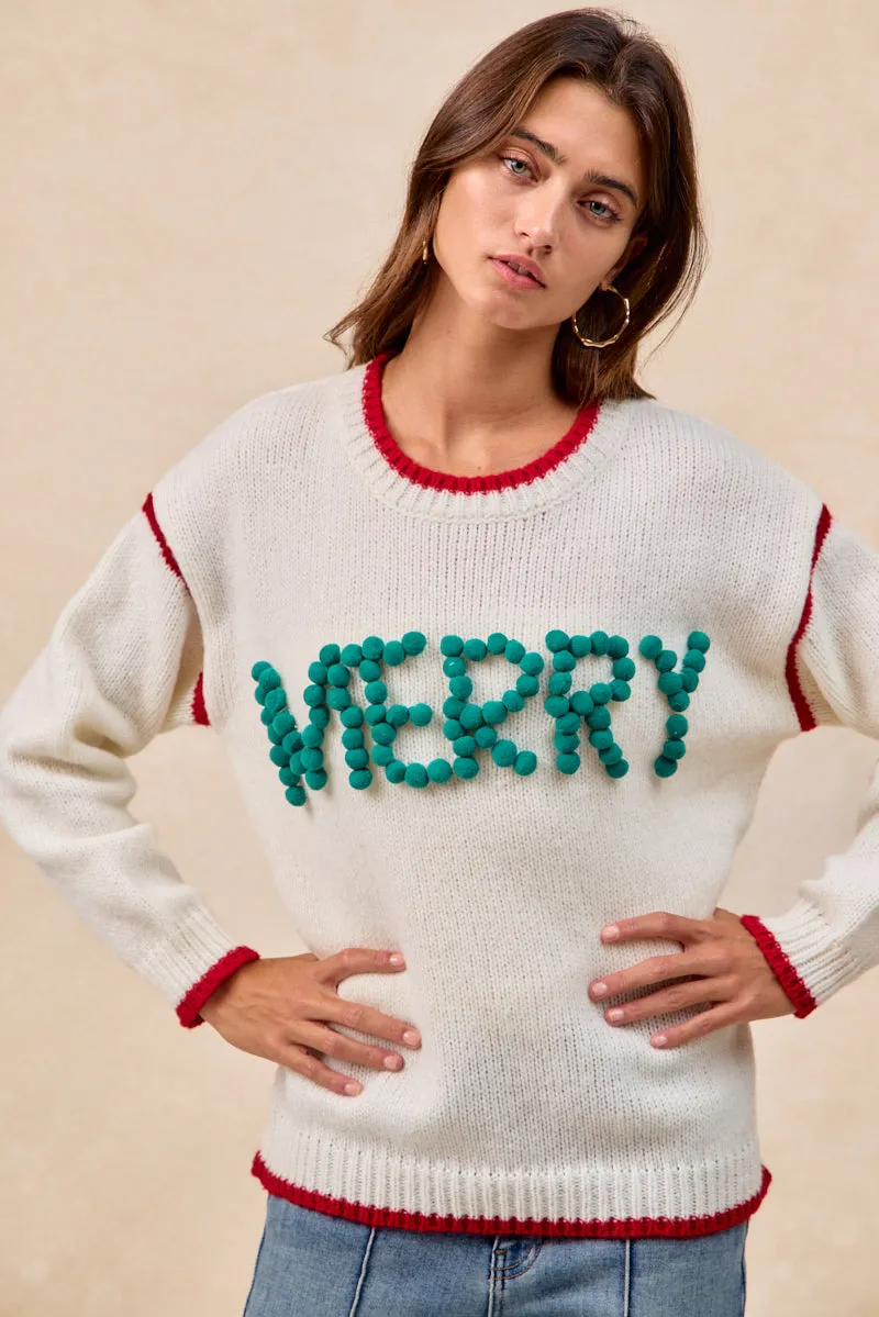 IT4702H-03 | CHRISTMAS THEME POMPOM LATTERING MERRY SWEATER TOP summer look