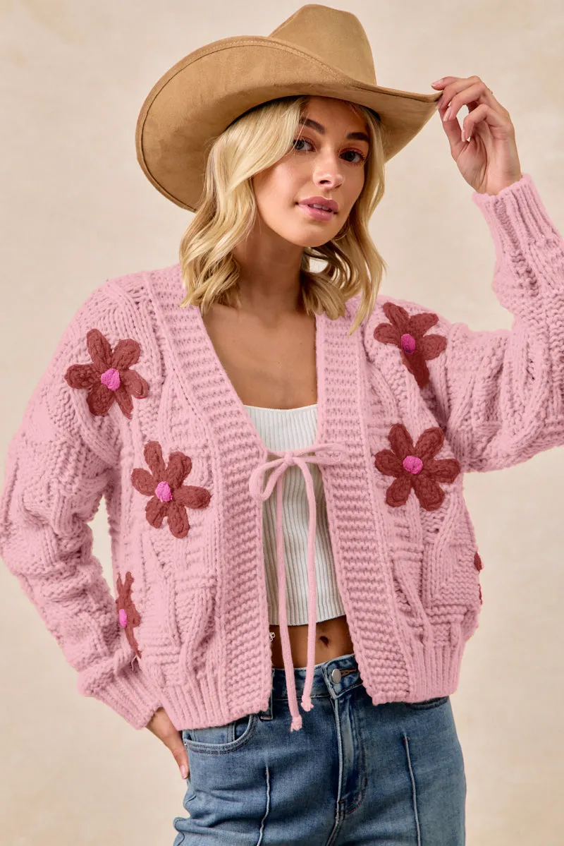 IT4711-01 | FLOWER PATCHED TEXTURE WEAVE SWEATER CARDIGAN No Irritation Seams