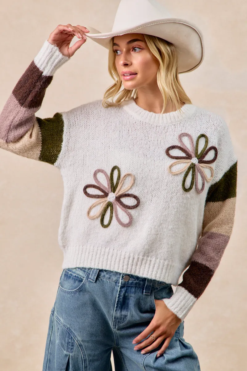 Soft Structure Wrinkle Resistant IT4721-01 | FLOWER COLOR BLOCK SWEATER TOP