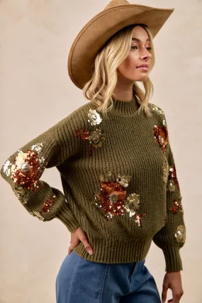 Full Zip Closure No Roll Collar Technology IT4723-01 | FLOWER SEQUIN EMBROIDERED SWEATER TOP MOCK NECK